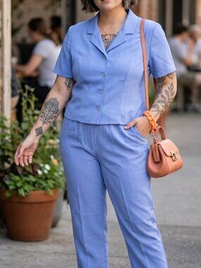 BFA Classics Vintage 90s Periwinkle Blue Matching Set Blouse Elastic Pants Plus